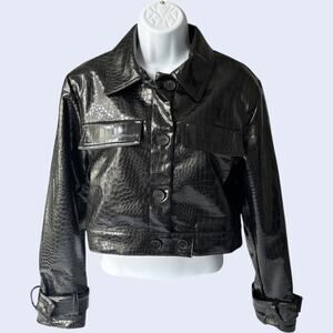 ZARA XS Edgy Crocodile Embossed Faux Leather Cropped Trucker Jacket Black NWT